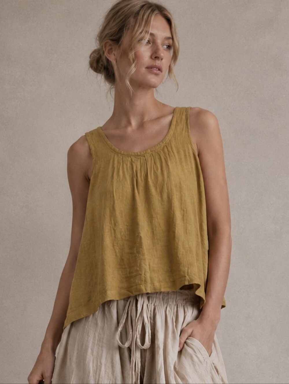 CP Shades Luz Sleeveless 100% Linen Scoop Neck Tank Top Open Back - Mustard S